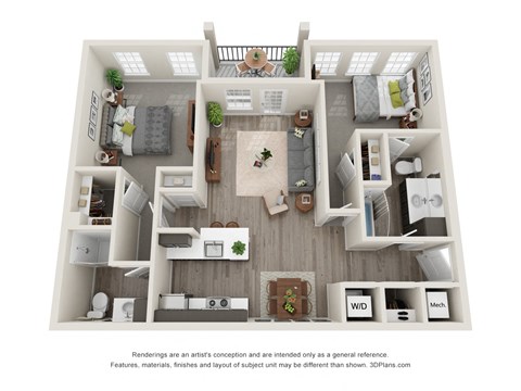 Floor plan for 2 beds, 2 baths, 997 sqft